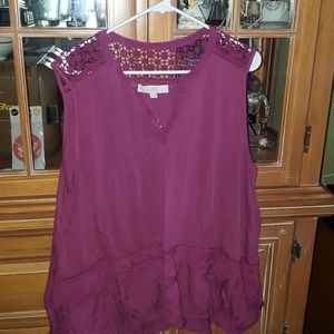 LOFT Floral Berry crochet mixed media peplum top